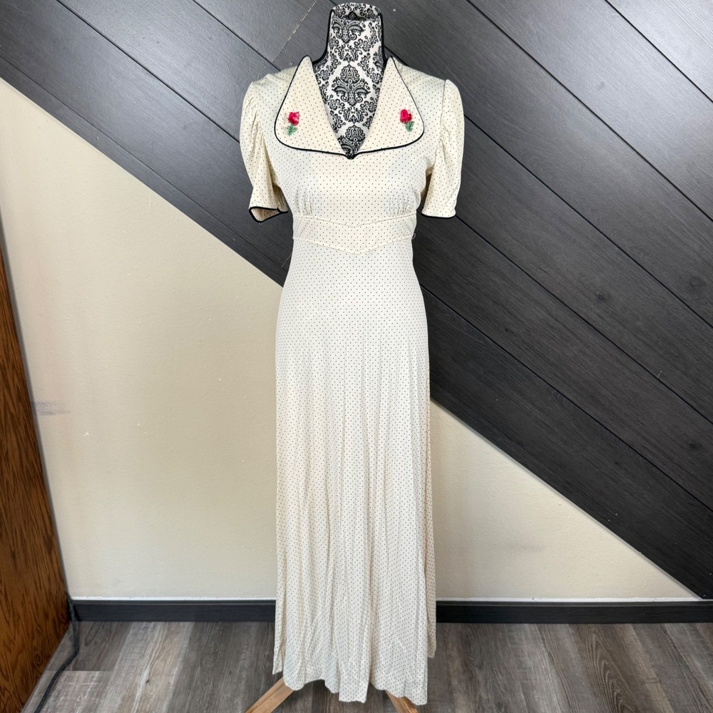 Vintage Women's Polka Dot Maxi Dress Small Cottagecore Prairie Romantic 70s